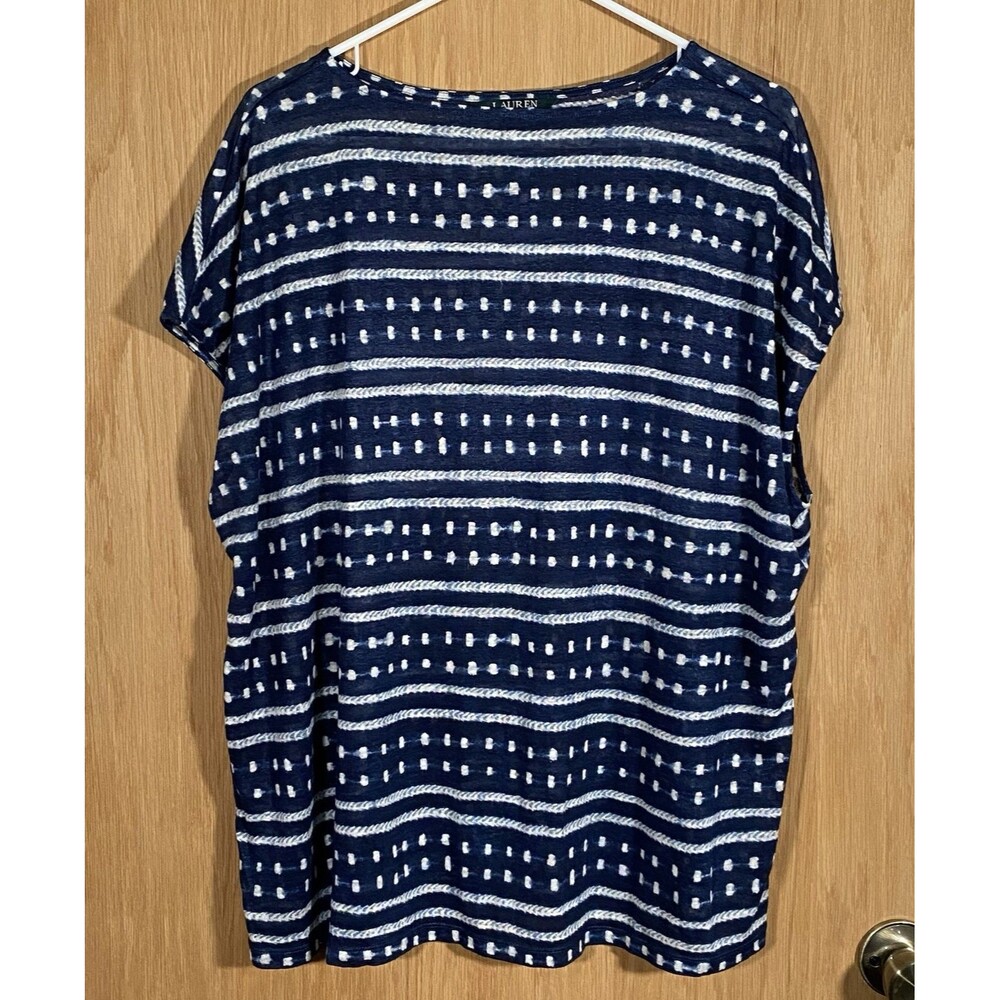 Lauren Ralph Lauren Women's 1X Linen Top Semi-Sheer Coastal Elevated Basics Blue